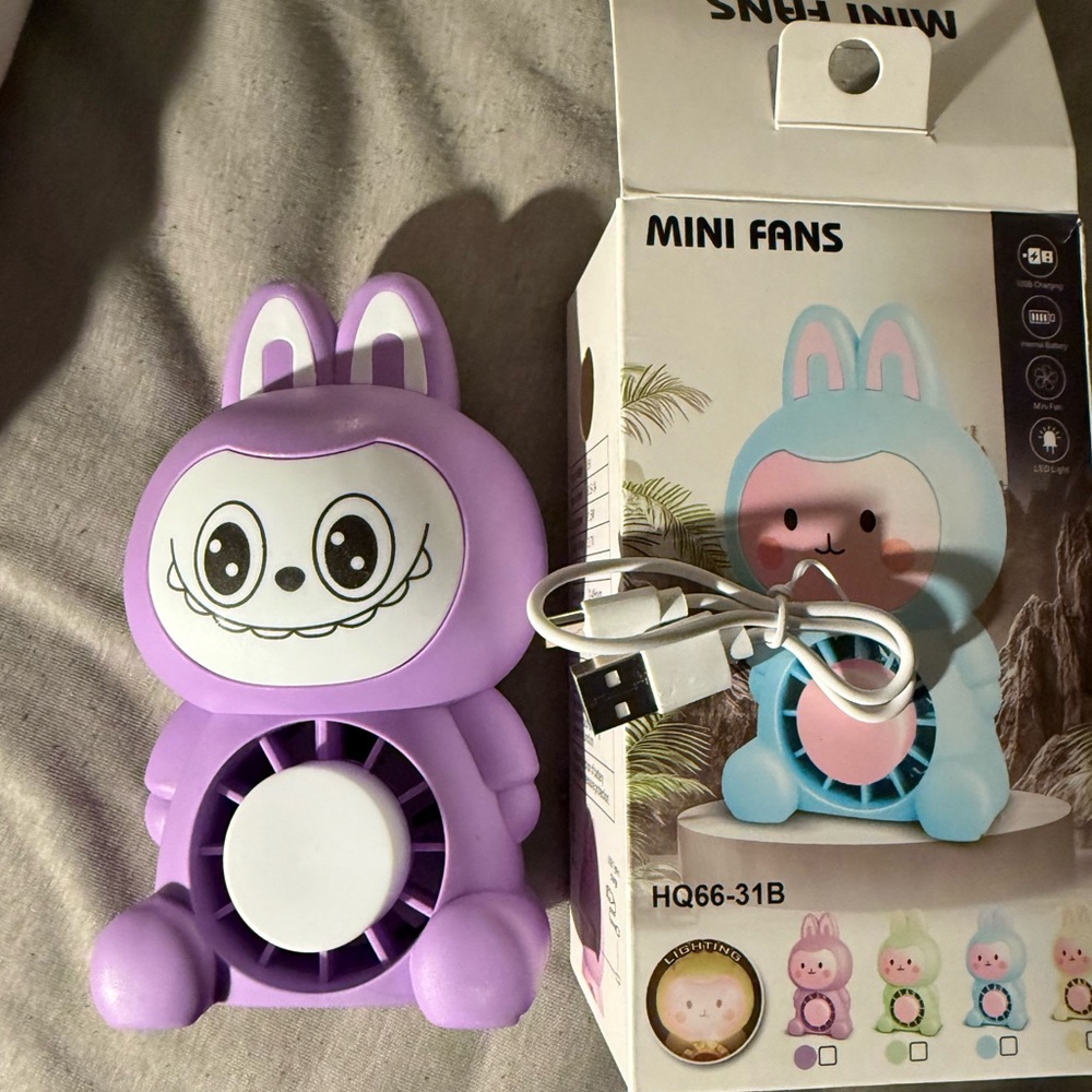 Brand New Labubu Mini Fan, Purple, Includes Box & C Cord, Cute for Desktop 💜